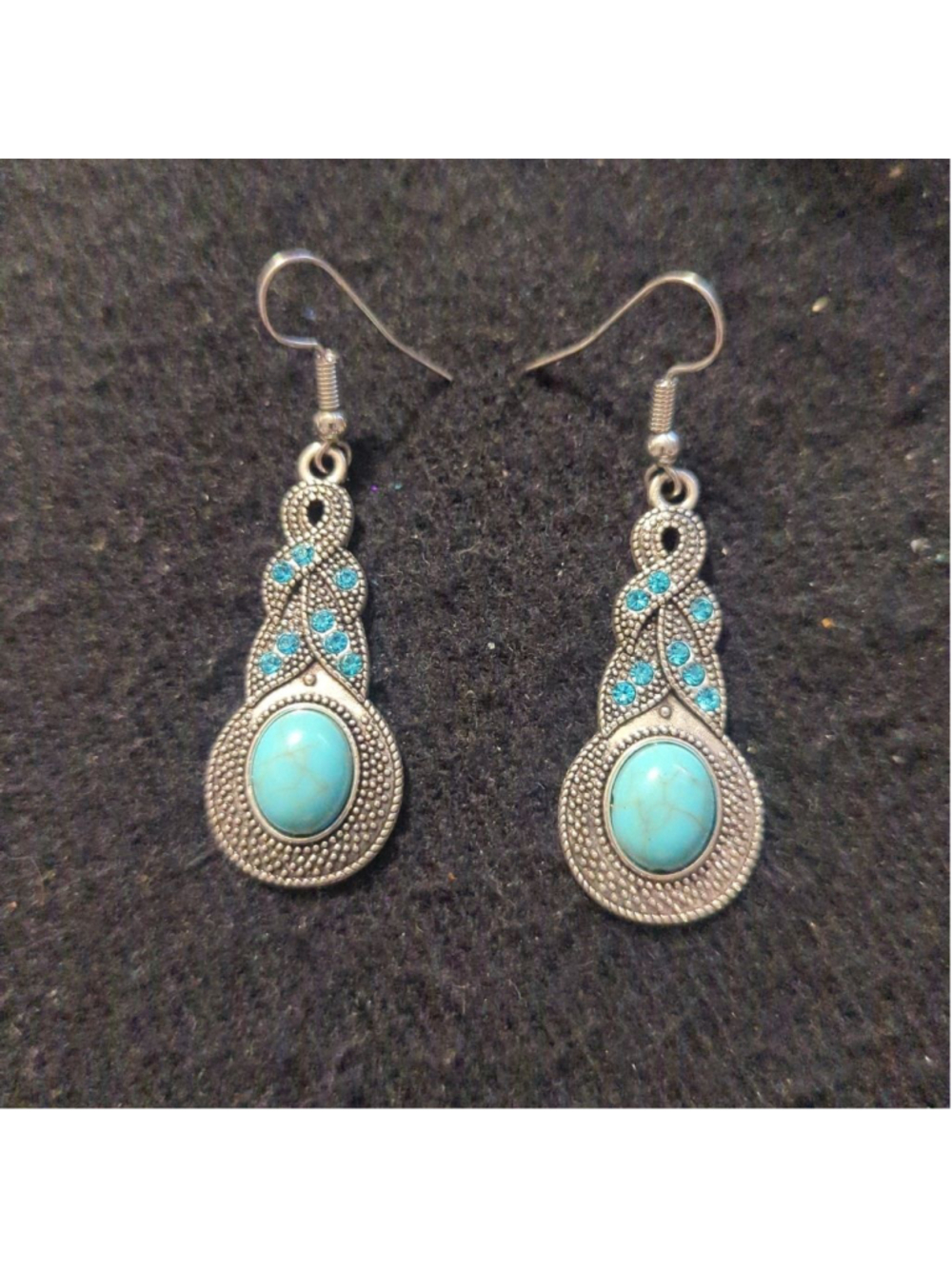 Silver Tone Faux Turquoise Blue Rhinestone Drop Dangle Statement Earrings